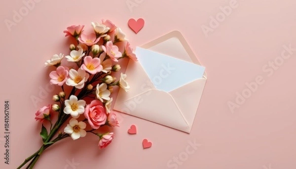 Fototapeta Romantic Flower Bouquet and Envelope with Hearts on a Soft Pink Background for Love and Valentine's Day Theme