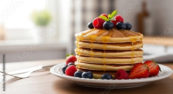 Obraz Delicious stack of golden pancakes topped with fresh berries and drizzled with honey