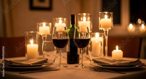 Obraz Romantic candlelit dinner for two with wine and appetizers