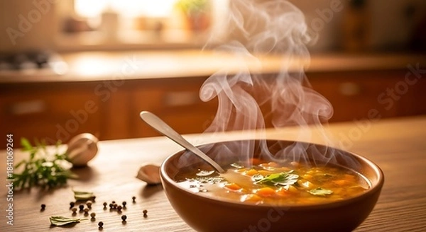 Obraz Steaming bowl of hearty vegetable soup served with fresh herbs and garlic