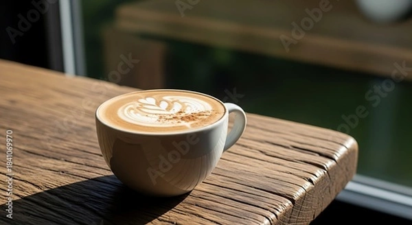 Obraz Warm latte art coffee cup resting on a rustic wooden table in natural sunlight