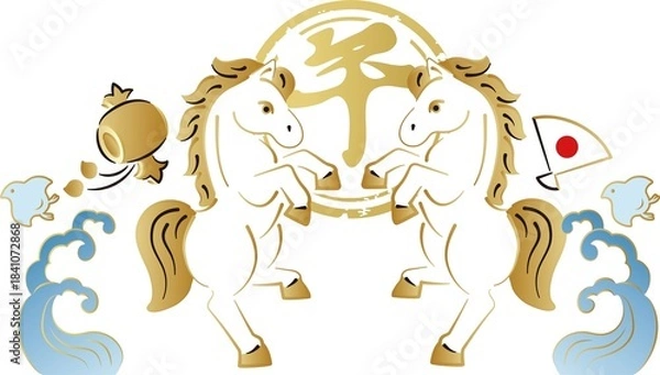 Obraz 年賀2026　金色の跳ね馬と「午」の筆文字、対になった干支飾り　正月　日本　手描き　デザイン　