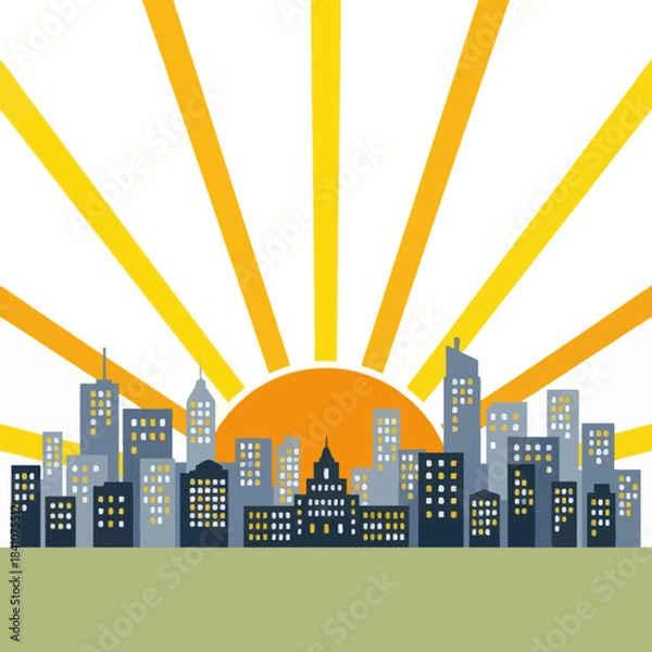 Obraz Cityscape silhouette with sunburst. Urban skyline with modern buildings and architecture.
