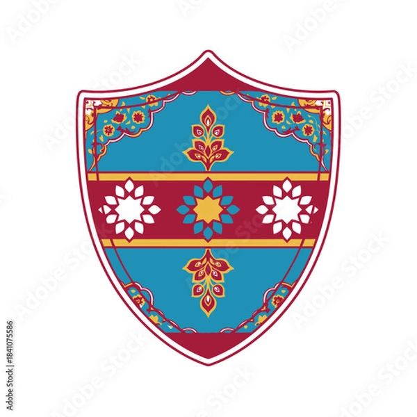 Obraz Decorative shield with traditional floral and geometric patterns in vibrant colors. Vector.