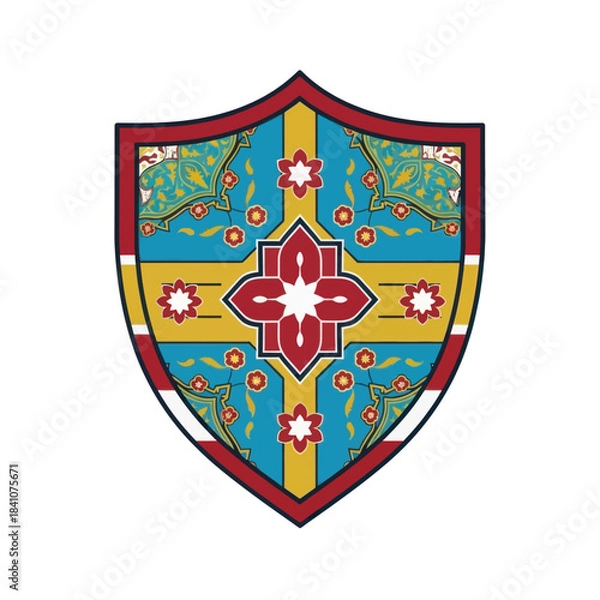 Obraz Decorative shield with floral pattern and red, yellow, and blue color scheme. Vector.