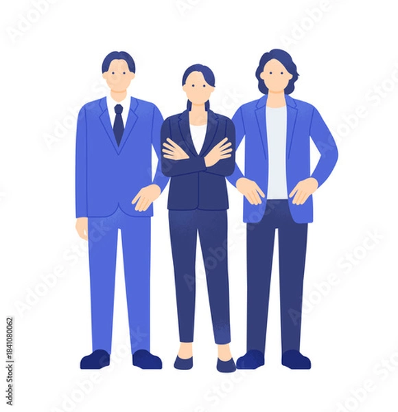 Obraz 中央で腕組みする女性リーダーと男性ビジネスパーソンの全身イラスト素材。