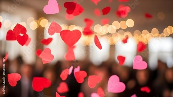 Fototapeta Blurred background of falling red and pink hearts with twinkling lights