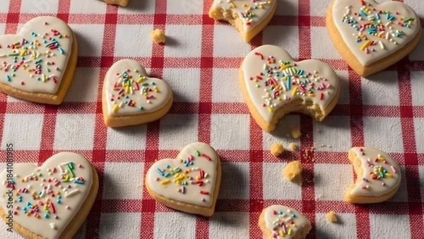 Fototapeta Heart shaped sugar cookies decorated with colorful sprinkles on a red checkered tablecloth
