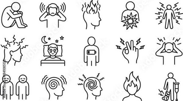 Fototapeta Mental health icon collection, stress disorder outline symbols, emotional wellbeing graphics, psychological symptoms illustration, human condition interface icons, CAD drawing flat vector illustration
