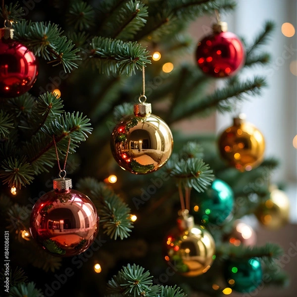 Obraz Beautifully decorated Christmas tree with reflective gold, red, and green ornaments and warm bokeh lights, perfect for festive holiday themes.