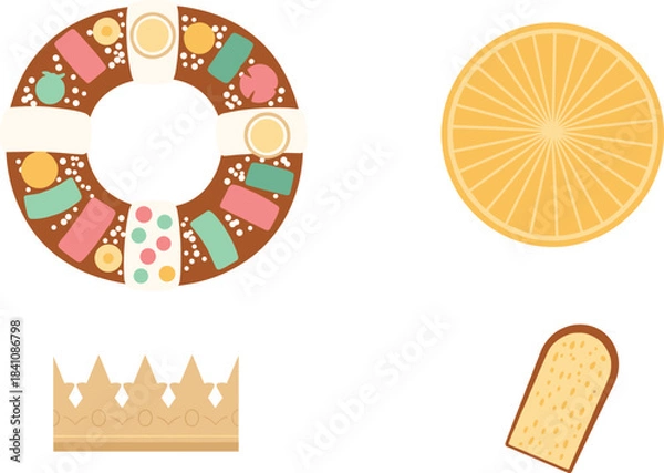 Obraz King cake elements for mardi gras celebration isolated on white background