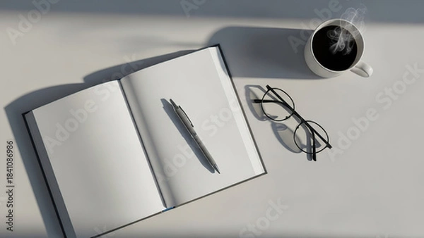 Obraz Quiet workspace with an open notebook pen glasses and steaming coffee