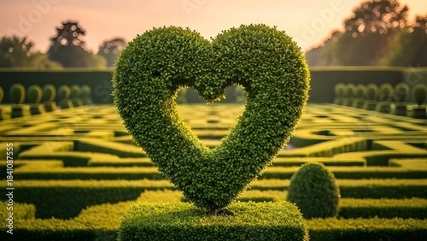 Fototapeta Heart shaped shrubbery in a formal garden at sunset with manicured hedges
