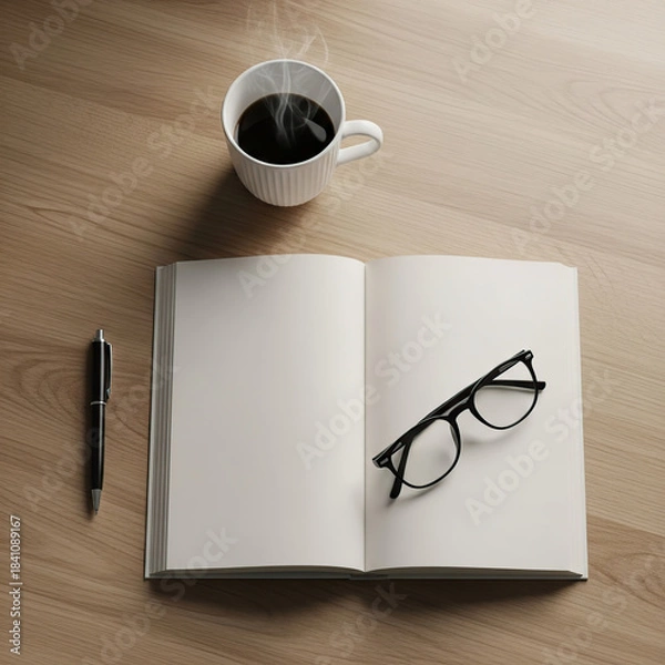 Obraz Quiet morning scene with coffee book pen and eyeglasses