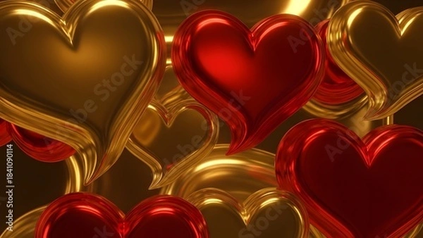 Fototapeta Abstract arrangement of golden and vibrant red hearts creating a romantic and luxurious background