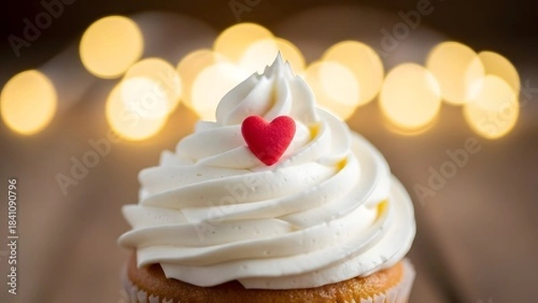 Fototapeta Soft serve ice cream cone with a red heart on top against a blurred background