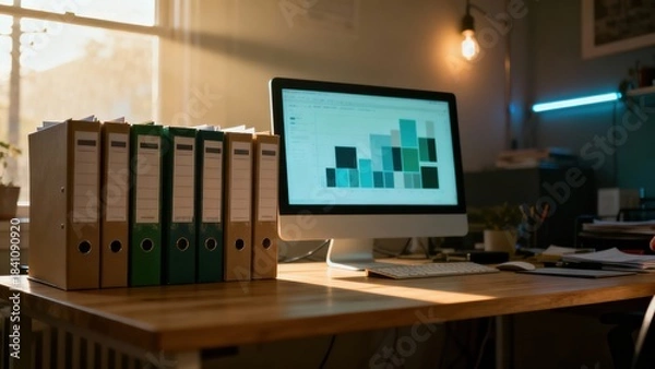 Obraz Organized workspace with files and computer displaying data chart