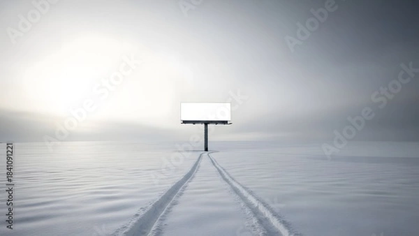 Fototapeta Empty winter road with a blank billboard under a bright overcast sky