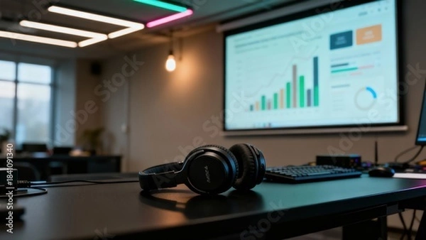 Obraz Modern office setup with headphones and data analytics on screen