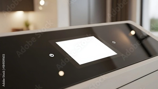 Fototapeta Close up of a modern digital picture frame displaying a blank white screen indoors