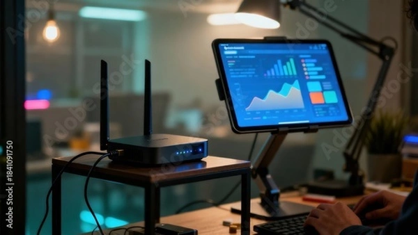 Obraz Modern office setup with router and tablet displaying data analytics. High-tech workspace with digital interface and wireless connectivity.