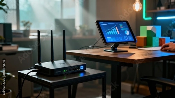Obraz Modern office setup with Wi-Fi router and tablet displaying data analytics.