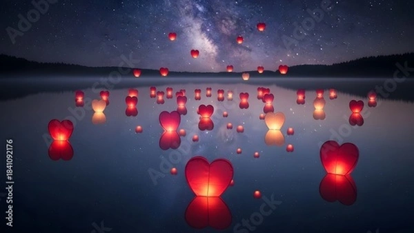 Fototapeta Floating lanterns illuminate a calm lake under a starlit night sky creating a peaceful scene