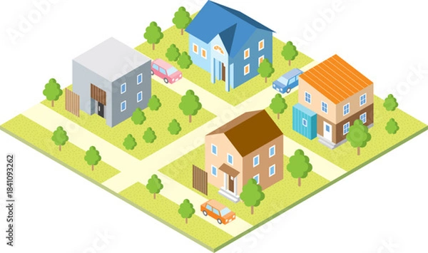 Obraz スタイリッシュでかわいい一戸建てが並ぶおしゃれな街並みのアイソメトリックイラスト