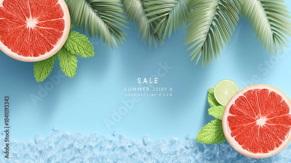 Obraz Summer Sale Banner with Grapefruit and Palm Leaves