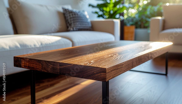 Fototapeta dark walnut coffee table illuminated by diagonal slice of afternoon sunlight