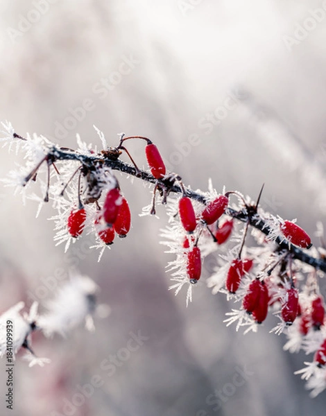 Obraz White hoar frost on branches and red berries of shrub on winter day.