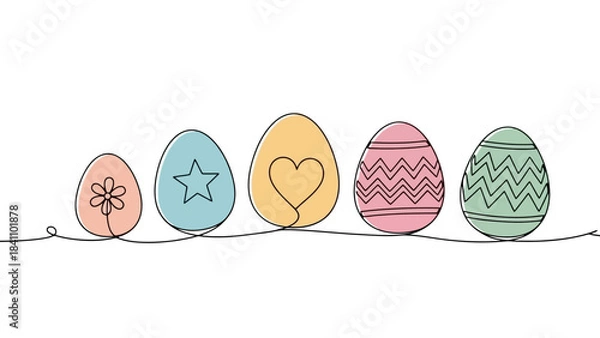 Obraz Continuous Drawing of Five Decorative Easter Eggs with Patterns and Shapes