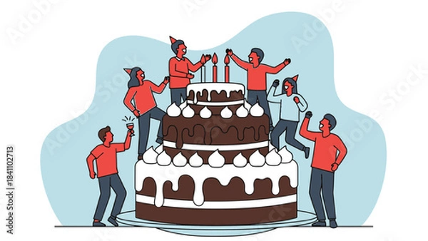 Obraz Lively celebration scene with people enjoying a festive birthday party around a huge chocolate cake, flat vector illustration.