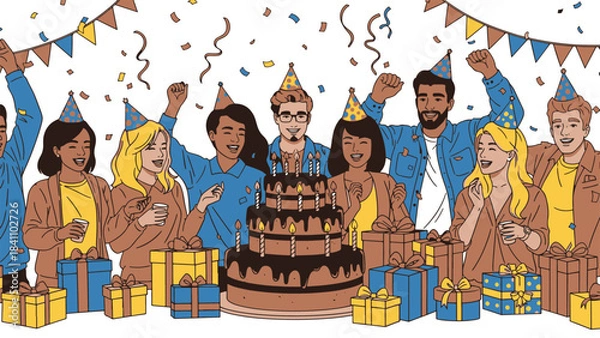 Obraz Joyful Birthday Celebration with a Diverse Group of Friends, Cake, Gifts, and Party Hats