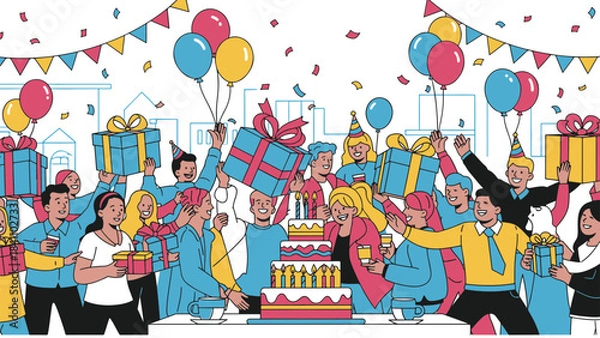 Obraz Joyful birthday celebration with a diverse group of happy people exchanging gifts and enjoying cake at a vibrant party