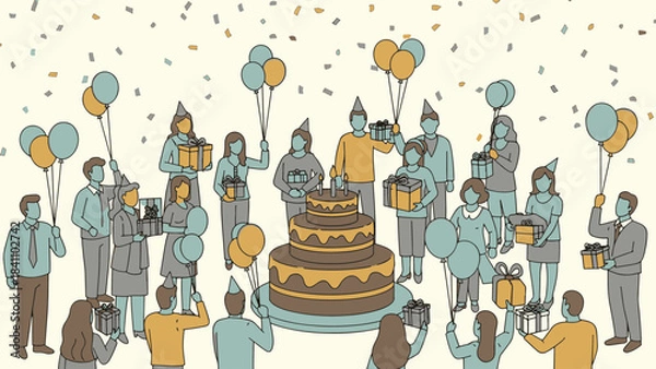 Obraz Diverse group of people celebrating a festive birthday party indoors with a large tiered cake, gifts, and balloons under falling confetti