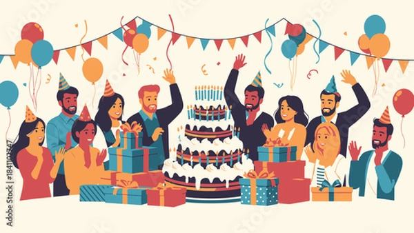 Obraz Vibrant Illustration of a Diverse Group of Happy Friends Celebrating a Joyful Birthday Party with a Large Cake, Gifts, Balloons, and Banners