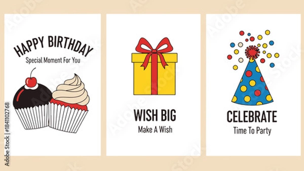 Obraz Vibrant Birthday Celebration Graphics Collection: Cupcakes, Gift Box, and Party Hat Illustrations on Dark Background