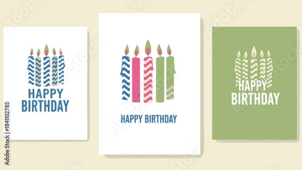 Obraz Set of Graphic Birthday Greeting Card Illustrations with Lit Candles and Festive Text Designs