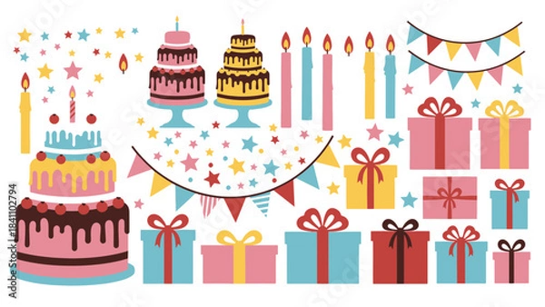 Obraz Joyful Birthday Celebration Graphic Illustration Set with Cakes, Candles, Gifts, and Bunting Elements