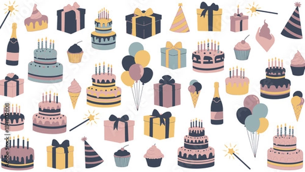Obraz Colorful Birthday Celebration Design Pattern with Cakes, Gift Boxes, Balloons, and Party Accessories.