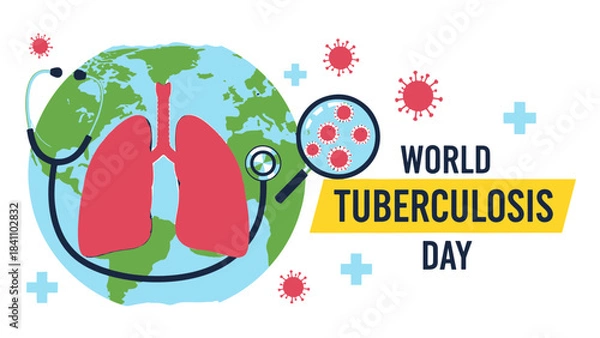 Obraz Global World Tuberculosis Day Awareness Illustration: Lungs, Stethoscope, Earth, and Microscopic Pathogens Emphasizing Health