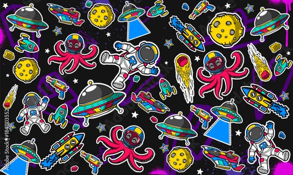 Fototapeta Space background vector illustration in a graffiti style. Colorful pace theme pattern