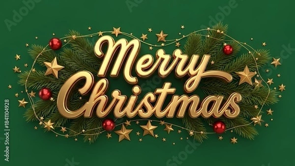 Obraz Elegant golden merry christmas script text design surrounded by festive pine branches ornaments and stars on green