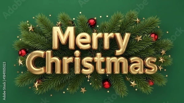 Obraz Golden three dimensional merry christmas text centered over lush green pine branches with festive ornaments and stars
