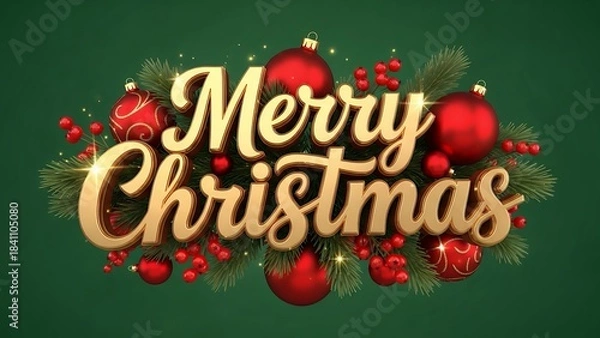 Obraz Golden three dimensional merry christmas text design surrounded by festive red ornaments and green pine branches on dark green