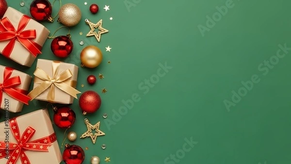 Obraz Festive holiday gifts and shiny ornaments arranged beautifully along the left border on a solid green background