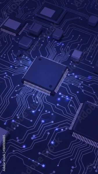 Fototapeta Electronic circuit board with microchips, lit up in blue, futuristic tech design