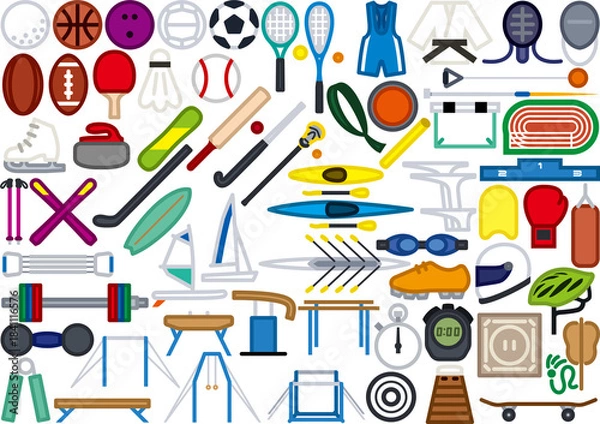 Obraz シンプルな線画のスポーツアイテムのセット カラー