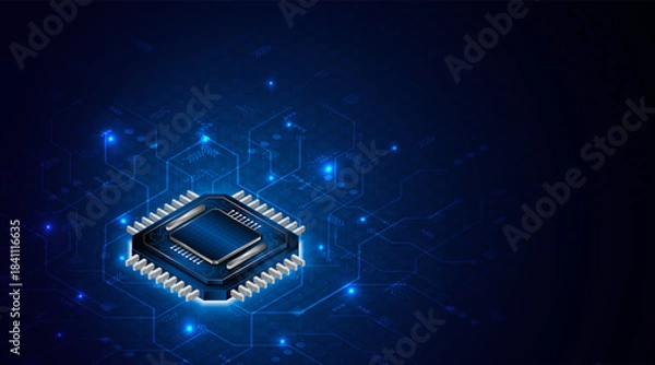 Obraz Microchip processor circuit board technology on dark blue background. Information Processing Concept. Circuit board hi-tech technology background. vector illustration